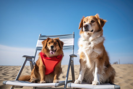 dog and cat lifeguards sitting on beach chair in warm sunshine, ready to make a rescue, created with generative aiの素材