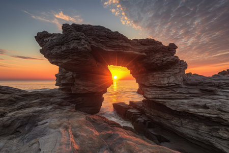 a natural rock formation with a view of the sunset, created with generative aiの素材