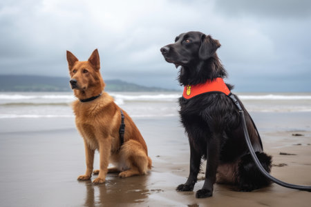 dog and cat lifeguards scanning the beach for swimmers in distress, created with generative aiの素材