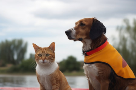 dog and cat lifeguards keeping an eye on swimmers in the water, created with generative aiの素材