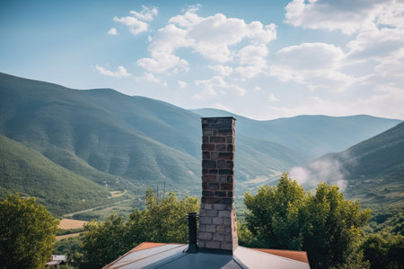 chimney surrounded by serene mountain landscape, created with generative aiの素材
