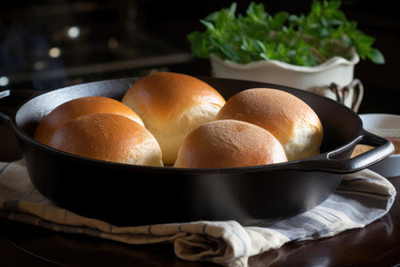 pan of warm, crusty bread rolls with enticing aroma, created with generative aiの素材