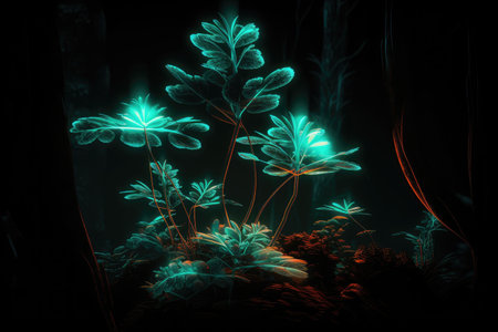 neon plant growing in dark and mysterious forest, created with generative aiの素材