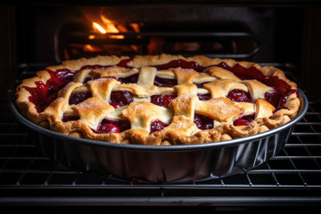 cherry pie baking in the oven, filling the kitchen with warm and sweet smells, created with generative aiの素材