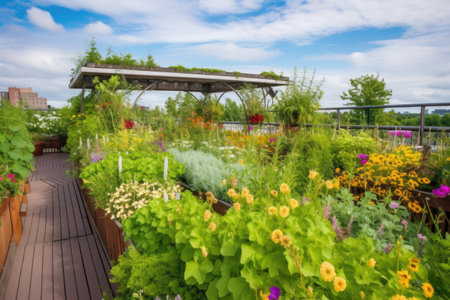 rooftop garden with lush greenery and blooming flowers, created with generative aiの素材