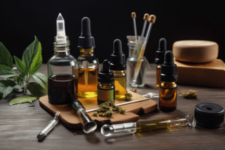 cbd oil on wooden table, surrounded by vape pens and other cbd products, created with generative aiの素材