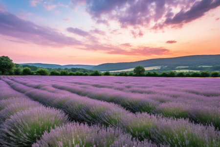 lavender field, with rolling hills and pastel sky in the background, created with generative aiの素材
