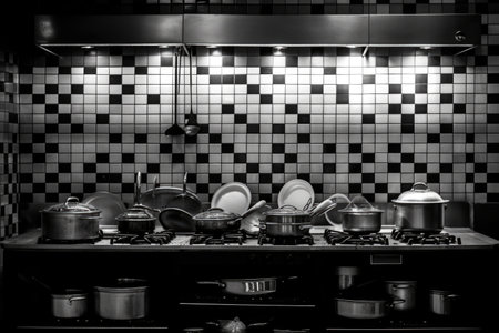 commercial range with pots and pans for cooking, set against black and white tile, created with generative aiの素材