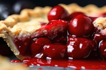 close-up of juicy cherry pie with visible juices dripping down the crust, created with generative aiの素材