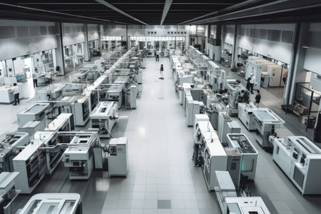 a factory floor, filled with robots and other industrial automation technologies, working in unison to create precision products, created with generative aiの素材