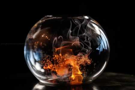 close-up of crystal ball with smoke and fire rising from the surface, created with generative aiの素材