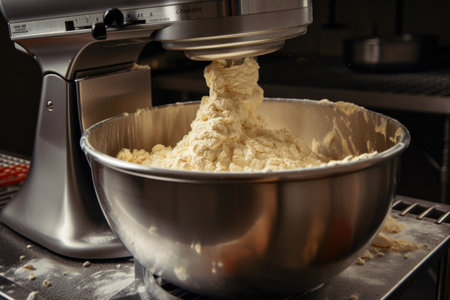 close-up of commercial mixer, with ingredients being mixed together, created with generative aiの素材