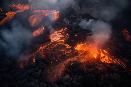 volcanic eruption, with aerial and drone perspectives of the fiery lava flows, created with generative aiの素材