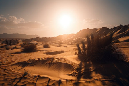 desert with rising sun, casting warm light and shadows onto the landscape, created with generative aiの素材