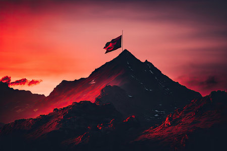 sunset over the peak with red flag, showing a dramatic and colorful sky, created with generative aiの素材
