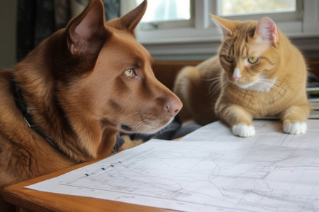 cat, drawing plans on sketchpad, while dog looks on with approval, created with generative aiの素材