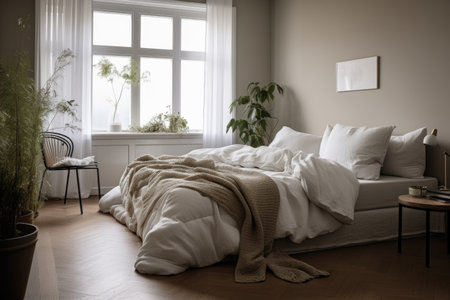 serene bedroom, with minimalist decor and tidy bedding, created with generative aiの素材