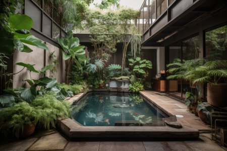 luxurious and spacious pet habitat with private pool, waterfall, and lush greenery, created with generative aiの素材