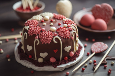 decorative cake in the shape of a heart, with accompanying cake pops, created with generative aiの素材