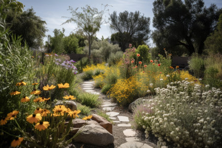 drought-tolerant and native plant garden with blooming flowers, created with generative aiの素材