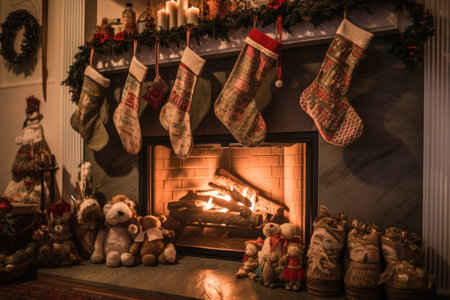 stockings hanging from fireplace, filled with holiday treats and gifts, created with generative aiの素材