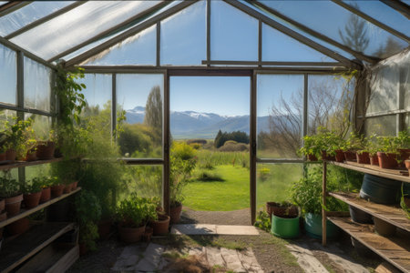 greenhouse with view of mountains and clear blue skies, created with generative aiの素材
