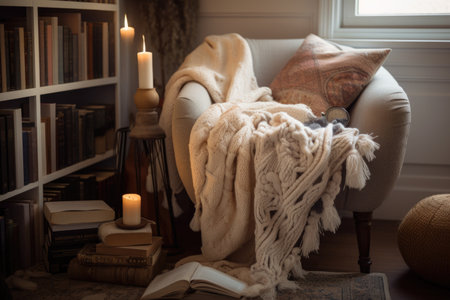cozy reading nook with floor lamp, cozy throw blanket, and stack of books, created with generative aiの素材