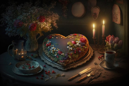 heart-shaped cake surrounded by flowers and candles on a romantic dinner date, created with generative aiの素材
