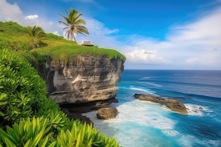tropical island with cliff-edge view of the blue sea, palm trees in the background, created with generative aiの素材