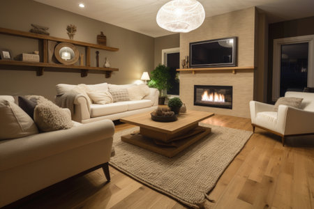 clutter-free living room with cozy fireplace and seating, created with generative aiの素材