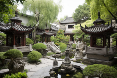 refreshing garden with water features and stone lanterns, surrounded by chinese pagodas, created with generative aiの素材