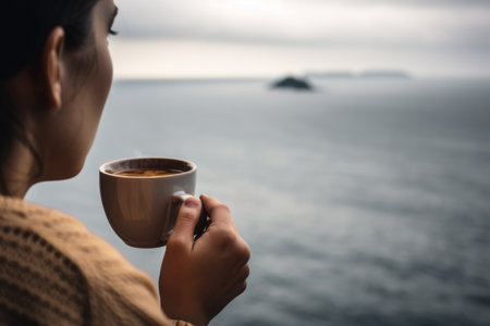 person, sipping hot cup of coffee, with view of the ocean in the background, created with generative aiの素材