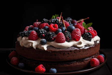 sweet and simple chocolate cake, decorated with fresh berries and cream, created with generative aiの素材