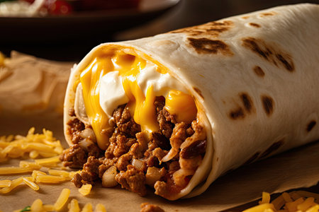 close-up of warm and fluffy burrito, with melted cheese and fresh ingredients visible, created with generative aiの素材