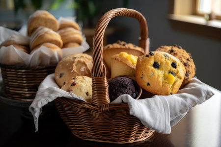 basket overflowing with muffins, scones, and other pastries for a tea party, created with generative aiの素材