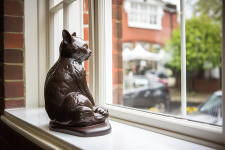 chocolate cat sculpture sitting on windowsill, with view of the outside world, created with generative aiの素材