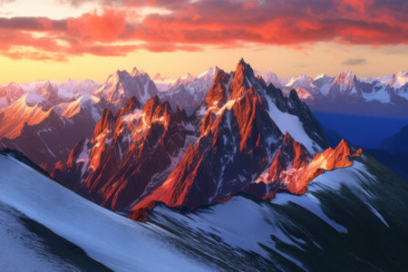 majestic mountain range, with the sun setting behind the peaks, created with generative aiの素材