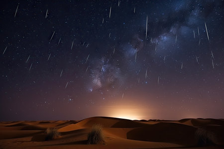 night sky with stars and meteor showers over the dunes of the sahara desert, created with generative aiの素材