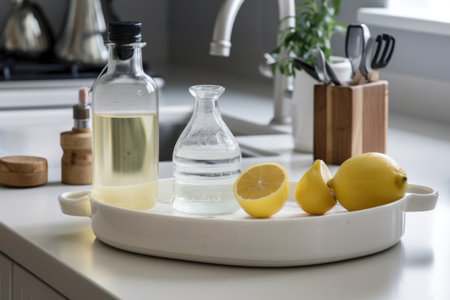 homemade cleaning products being used to keep kitchen sink and counters spotless, created with generative aiの素材