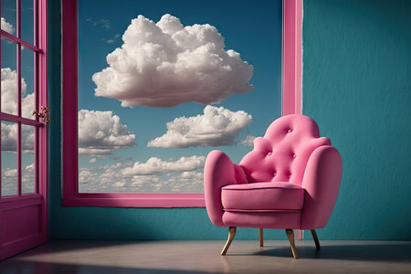 pink armchair beside window, with view of blue sky and fluffy clouds, created with generative aiの素材