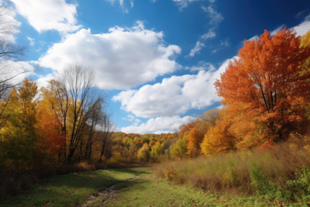 fall foliage in the park with clear blue sky and fluffy clouds, created with generative aiの素材