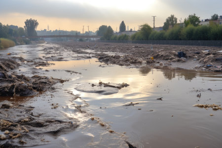 view of river, with overflowing water carrying debris and pollutants, created with generative aiの素材