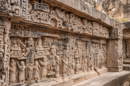 close-up of intricate carvings on ancient stone ruins, created with generative aiの素材