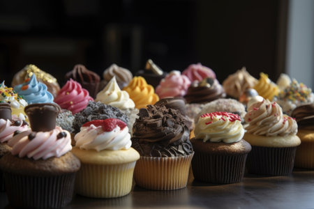display of classic and gourmet cupcakes in variety of flavors, shapes, and sizes, created with generative aiの素材