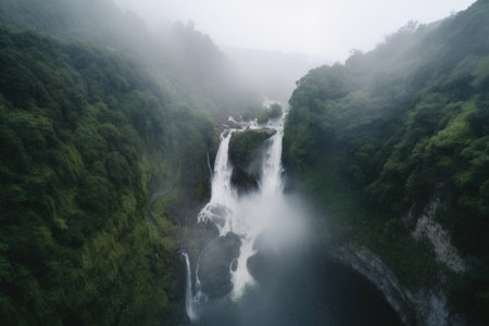 aerial view of beautiful waterfall, with drone hovering above the mist, created with generative aiの素材