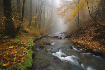 rushing stream, with mist rising from the water, in autumn forest, created with generative aiの素材