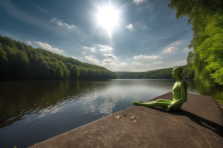 alien sunbather taking in the rays of the warm sun, with beautiful view of a peaceful lake, created with generative aiの素材