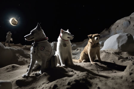 feline and canine astronauts on the moon, surrounded by lunar surface, created with generative aiの素材