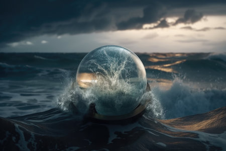 magic crystal ball floating above stormy sea, with waves and lightning, created with generative aiの素材