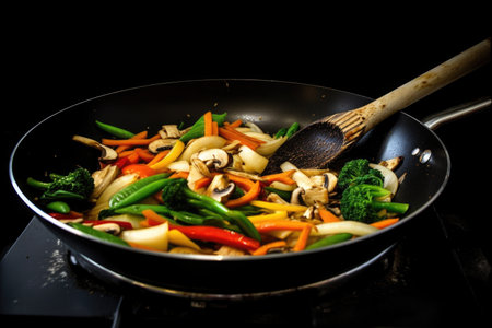 chinese-korean stir fry in wok, with fresh vegetables and spices, created with generative aiの素材